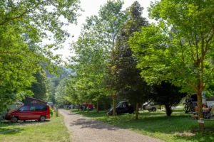 Allée et emplacement au camping des Gorges du Tarn, Lozère.